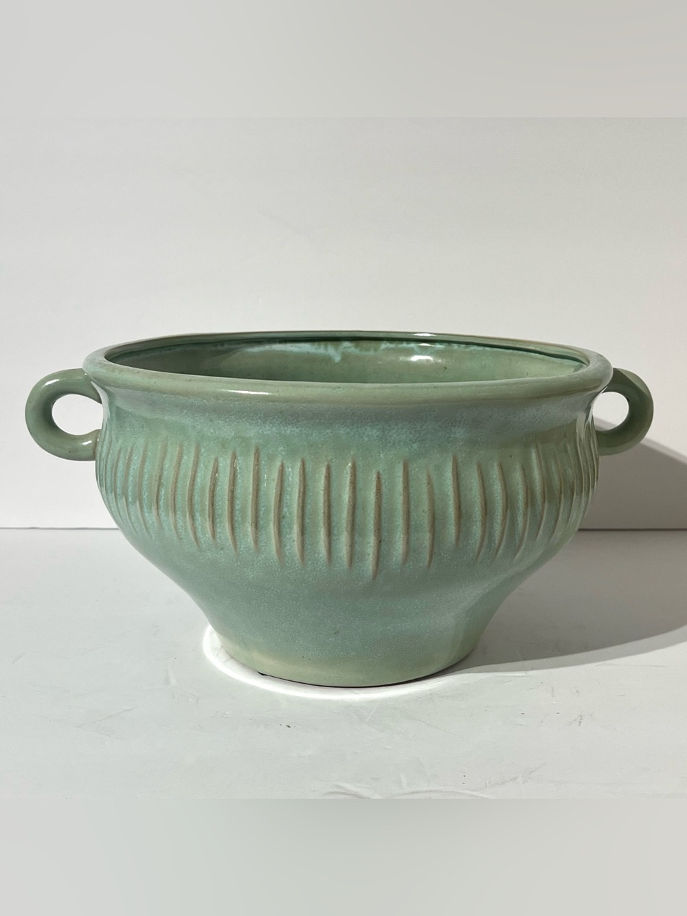 Celadon Green Planter Pot Bowl Double Handled Ribbed Pottery Asian Design MCM